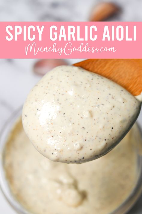 Spicy Garlic Aioli Garlic Aioli For Burgers, Aioli For Chicken Sandwich, Burger Aioli Sauce, Spicy Garlic Aioli Sauce, Garlic Sandwich Sauce, Aioli Sauce Recipe For Burgers, Garlic Aioli Sauce Recipe, Best Sandwich Sauces, Garlic Aioli Recipe Easy