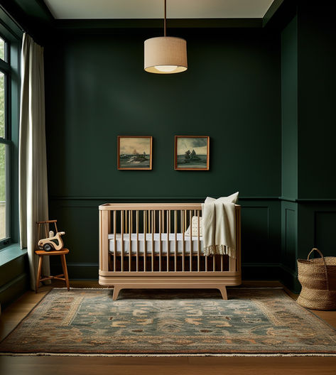 The dark green and panel molding add so much depth to the space, and the wood crib and decor bring warmth. The dark green and light wood combination also offers a bit of contrast and balance. Head to the blog to see the details Dark Earthy Nursery, Dark Walls Nursery, Dark Green Nursery Accent Wall, Green Wood Nursery, Forest Green Accent Wall Nursery, Emerald Green Nursery Gender Neutral, Green Ceiling Nursery, Dark Colored Nursery, Gold And Green Nursery