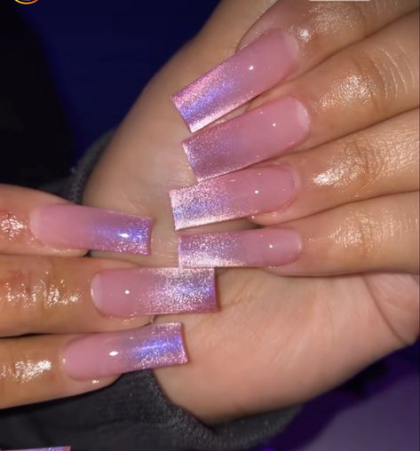 Pink Cat Eye Acrylic Nails, Gel Aura Nails, Acrylic Nail Designs Purple, Birthday Pink Nails, Pink Iridescent Nails, Aura Nails Acrylic, Birthday Nails Square, Translucent Pink Nails, Basic Baddie Nails