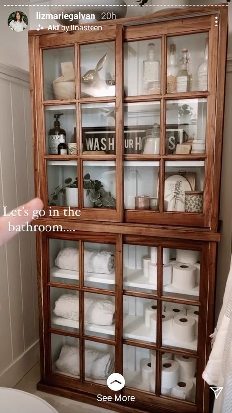 Bathroom Hutch, Vintage Bathroom Cabinet, Liz Marie, Hallway Cabinet, Linen Cupboard, Bathroom Linen Cabinet, Cottage Bathroom, Glass Front Cabinets, Downstairs Bathroom