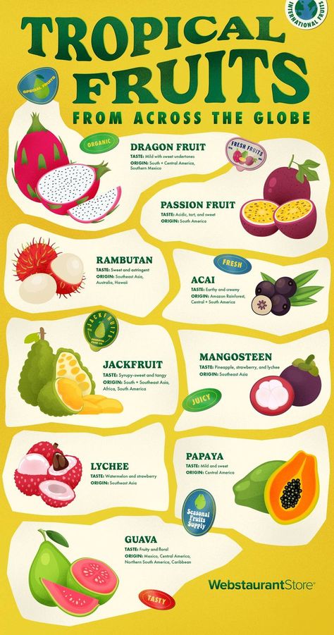 Infographic showing tropical fruits and their tastes and origins including: dragon fruit, passion fruit, rambutan, acai, jackfruit, mangosteen, lychee, papaya, and guava. Dragonfruit Recipes, Fruits And Vegetables List, Fruit Dragon, Passionfruit Recipes, Guava Fruit, Acai Fruit, Fruit List, Unique Fruit, Easy Healthy Smoothies