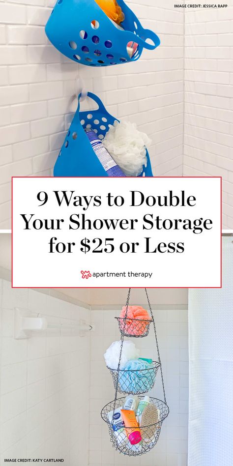 Shower Storage Ideas Diy, Stand Up Shower Storage Ideas, Shower Rod Storage, Tension Rod Shower Storage, Shower Hacks Storage, Shower Storage Ideas Shelving, Ideas For Shower Storage, Diy Shower Organization Ideas, Small Shower Hacks