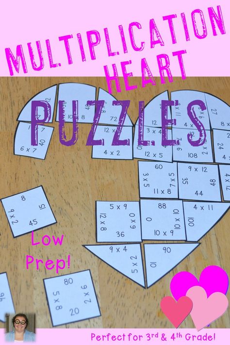 Valentine's Day Multiplication Heart Puzzles - These puzzles are perfect for math centers during Valentine's Day week. Each of the three puzzles will have students answer 36 different multiplication problems from 0x0 to 12x12. They're perfect for third or fourth grade students (or 5th graders who need review). Use them for early or fast finishers, review, enrichment, GATE, critical thinking, centers, and more! Click through to pick yours up today! $ {3rd or 4th grade} Multiplication Math Centers, Math Valentines, Math Crafts, Math Intervention, Fast Finishers, Math Tutor, Math Activity, Third Grade Math, Math Methods