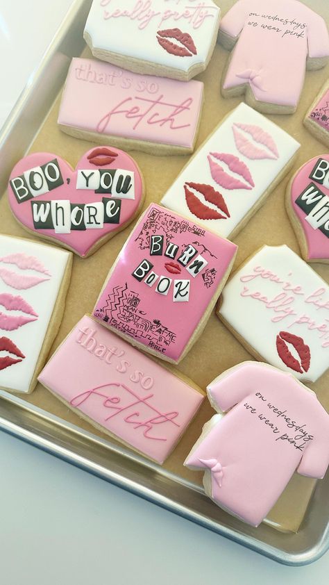 That’s SO fetch! Happy Mean Girls Day! 🩷 Designs by/inspired by @bluetopbakes and @ceciliahomemade #meangirls #meangirlsmovie… | Instagram Burn Book Party Theme, Mean Girls Cookies Decorated, Mean Girls Galentines Party, Mean Girls Sleepover Slumber Party Ideas, Mean Girls Food Ideas, Mean Girls Cookies, Mean Girls Sweet 16, Mean Girl Birthday Party, Mean Girl Party Theme