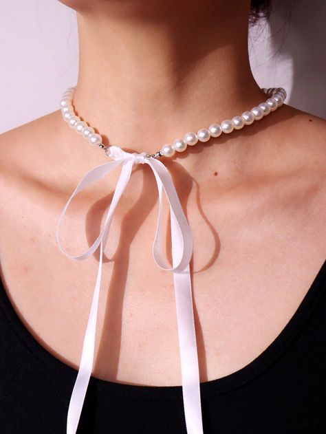 1pc Sweet Vintage White Ribbon Bow & Pearl Beaded Necklace For Women, Perfect For Daily WearI discovered amazing products on SHEIN.com, come check them out! White Ribbon Bow, Pearl Beaded Necklace, White Bow, White Ribbon, Ribbon Bow, Necklace For Women, Ribbon Bows, Amazing Products, Pearl Beads