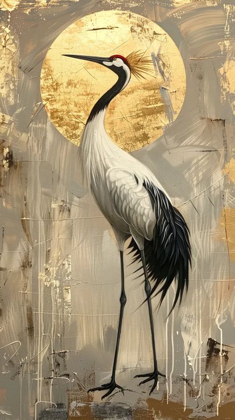 The painting is of a Japanese crane standing in front of a golden sun. The crane is white with black-tipped wings and a red crown ->> more details in ai-img-gen.com White Crane Painting, Crane Bird Art, Japanese Crane Painting, Japanese Crane Drawing, Crane Painting, Crane Drawing, Flying Crane, Japanese Bird, Gold Art Painting