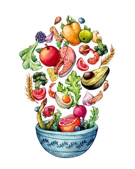 Healthy Food Drawing, Healthy Illustration, Healthy Food Activities, Healthy Food Quotes, Healthy Food Photography, Healthy Food Logo, Food Activities, Food Illustration Art, Watercolor Food