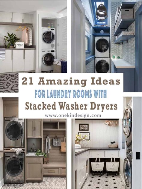 21 Amazing Ideas for Laundry Rooms with Stacked Washer Dryers Washer Dryer Closet, Washer Dryer Laundry Room, Laundry/mudroom Ideas, Stackable Laundry, Stacked Laundry Room, Laundry Room Ideas Small Space, Small Laundry Room Makeover, Stylish Laundry Room, Stackable Washer And Dryer