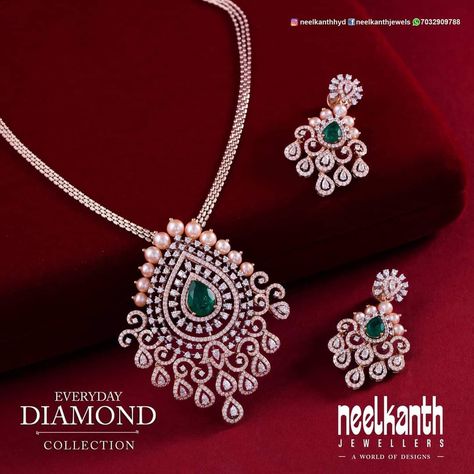 Diamond Pendant Sets Indian, Diamond Lockets Indian Pendants, Diamond Pendent Set Design, Pandent Design, Neelkanth Jewellers, Navi Jewellery, Welcome October, Small Earrings Gold, Indian Diamond Jewellery