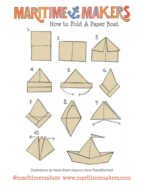 Maritime Makers, How to Fold a Paper Boat printable instructions by Susan Black Design How To Make Ship With Paper, Paper Sailboats How To Make, How To Fold A Paper Boat, Paper Boat How To Make, Paper Boat Instructions, Paper Boat Folding, Paper Sailboats, Origami Boat Instructions, Boat Printable