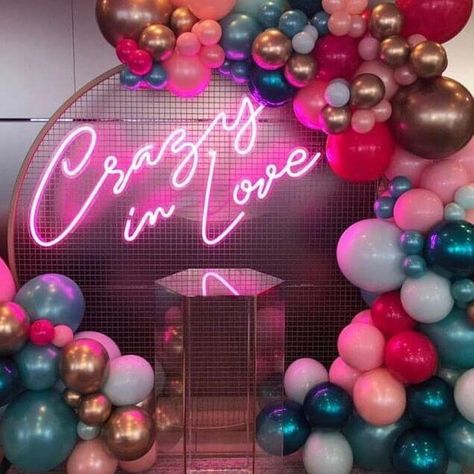 Valentine Theme Party, Valentines Theme Party, Mesh Backdrop, 21st Birthday Decorations, Love Neon Sign, Balloon Ideas, Crazy In Love, Valentine Theme, Wedding Neon Sign