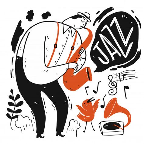 A man playing music. collection of hand drawn, vector illustration in sketch doodle style. Premium Vector | Premium Vector #Freepik #vector #music #people #hand #line Calligraphy Illustration, Arte Aesthetic, Naive Illustration, Jazz Poster, Music Illustration, Doodle Style, Hand Drawn Vector Illustrations, Illustration Ideas, Music Collection