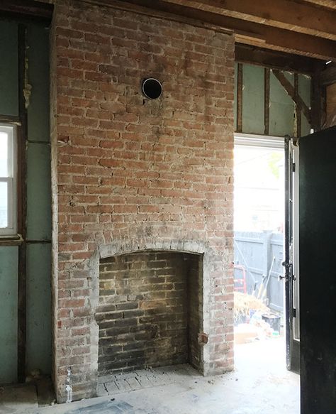 Beautiful brick fireplace design Old Red Brick Fireplace, Brick Veneer Fireplace Wall, Restoring Brick Fireplace, Weathered Brick Fireplace, Restored Brick Fireplace, Victorian Kitchen Fireplace, Vintage Brick Fireplace, Victorian Brick Fireplace, Reclaimed Brick Fireplace