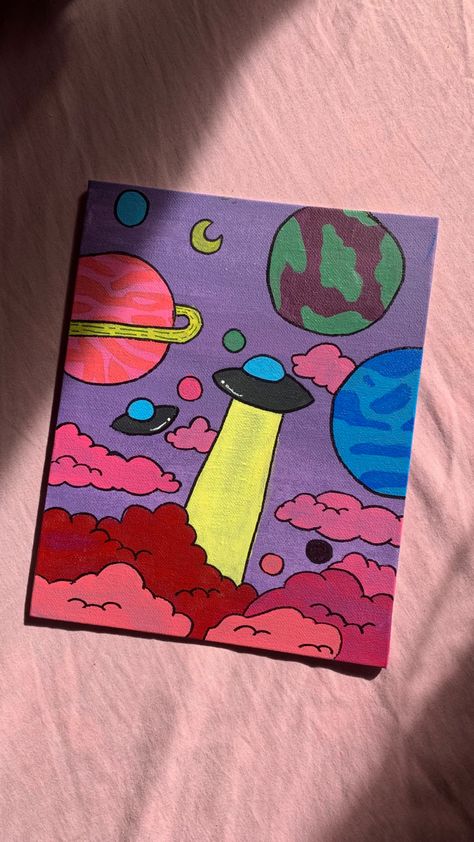 Planet Painting Aesthetic, Spaceship Painting Canvas, Galaxy Art Painting Easy, Spaceship Painting Easy, Outer Space Painting Easy, Painting Ideas Planets, Planet Painting Ideas, Alien Painting Easy, Alien Painting Ideas