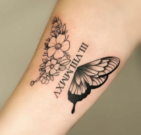 Memorial Tattoo Of Butterfly And Flowers Tattoo With Roman Numerals, Butterfly Memorial Tattoo, Tattoos For Passed Loved Ones, Date Flowers, Memorial Tattoos Mom, Baby Memorial Tattoos, Tattoos For Dad Memorial, Memorial Tattoo Ideas, Memorial Tattoo Quotes