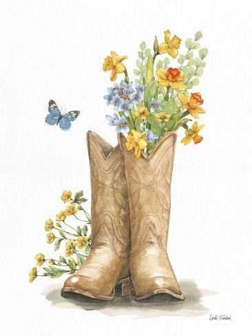 size: 12x9in Art Print: Wildflower Western I Sky Blue by Leslie Trimbach : Western Wildflower Nursery, Vintage Mural Art, Texas Wildflower Watercolor, Country Themed Paintings, Printable Western Pictures, Quote Wall Art Bedroom, Western Cottagecore Aesthetic, Cowboy Boot With Flowers Painting, Wildflowers And Wild Horses