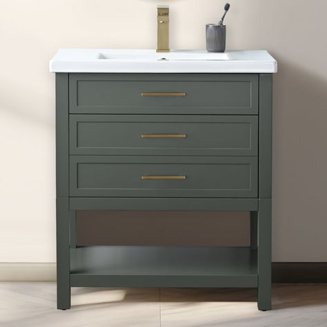 Mercury Row® Vicini 30'' Single Vanity with Ceramic Top & Reviews - Wayfair Canada Green Vanity Bathroom, 30 Inch Bathroom Vanity, Green Vanity, 30 Vanity, Transitional Vanity, Floor Bathroom, Steam Shower, Brushed Nickel Hardware, Kitchen Sale