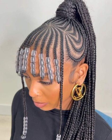 Style Beaded Bangs Hairstyle, Beaded Braids With Bangs, Cornrow With Bangs, Bangs Braided Hairstyles, Braids With Bangs And Beads, Stitch Braids With Bangs, Braid Bangs Hairstyles, Easy Feed In Braids Hairstyles, Braids With Bangs Hairstyles