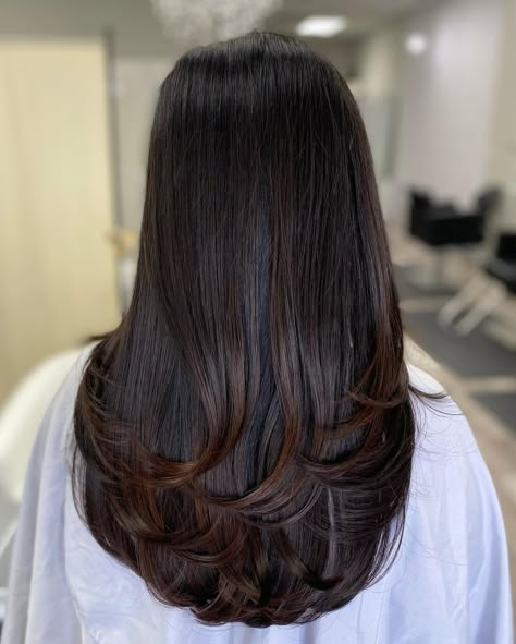 Smooth Dark Brown Hair with Flippy Ends Layers At The End Of Hair, Haircuts Straight Hair Women, Uniformly Layered Haircut, Long Layers Haircut Thick Hair, Layered Ends Long Hair, Best Haircuts For Thick Hair Long, Straight Across Haircut Long, U Cut With Long Layers, U Haircut For Long Hair