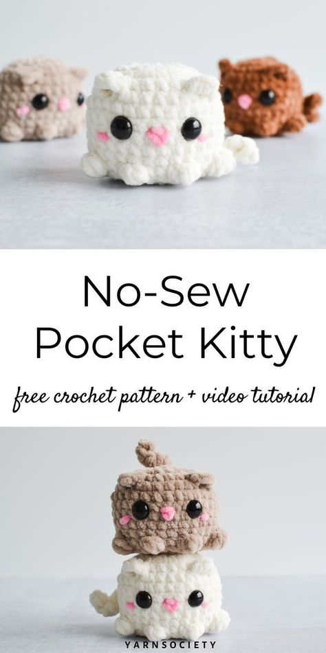 Pocket Kitty adores cuddling in your lap for a cozy nap. If you’re ever searching for Pocket Kitty, don’t forget to peek into your yarn bag – this playful feline has a soft spot for yarn. Amigurumi Pocket Pals, Chenille Yarn Crochet Patterns Amigurumi, Pocket Pals Pattern, Mini Plush Amigurumi, No Sew Crochet Plushie Free Pattern, Tiny Crochet Plushies, No Sew Cat Crochet Pattern Free, Crochet Pocket Pals Free Pattern, Crochet Plush Keychain