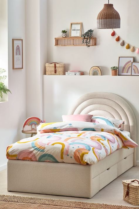 Girls Rainbow Bedroom, Rainbow Bed, Drawer Bed, Rainbow Bedroom, Kids Bed Frames, Small Double Bed, Kids Rainbow, Cushion Headboard, Kids Headboard