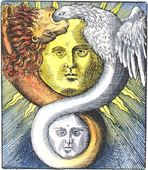 A strange serpent with a eagle head at one end of its body and a lion head at the other, entwines itself in a figure of eight around the Sun and Moon. This snake forms itself into an ouroboros, the lion head seizing the eagle head in its mouth. (Valentine 'Azoth' series coloured) Alchemy Art, The Sun And Moon, Alchemy Symbols, Esoteric Art, Dark Phoenix, Occult Art, Mystical Art, Arte Fantasy, Medieval Art