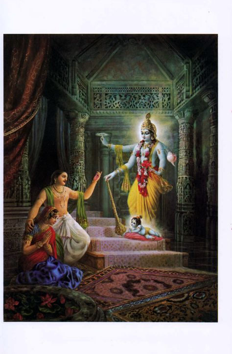 PLATE NINE  One reason why Lord Krishna's activities appeared bewildering to Queen Kunti was that He came to this world to fulfill many purposes simultaneously. One important purpose was simply to satisfy the desires of His dear devotees Vasudeva and DevakL In their former lives, Vasudeva and Devaki were known as Sutapa and Prsni. They were ordered by Lord Brahma to produce offspring, and so they engaged themselves in severe austerities for thousands of years. Krishna Birth, Janmashtami Photos, Swami Prabhupada, Lord Brahma, Krishna Quotes In Hindi, Krishna Avatar, Radhe Shyam, Lord Rama Images, Spiritual Paintings