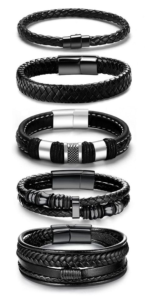 Black Leather Bracelets for Men Women 5pcs Mens Bracelet Leather and Steel Magnetic Braided Cuff Bracelets Cool Bracelets For Guys Men's Jewelry, Black Ring For Men Style, Black Mens Jewelry, Men S Bracelet, Men Black Bracelet, Black Mens Bracelet, Leather Men Bracelet, Hand Accessories Men, Assesories For Men