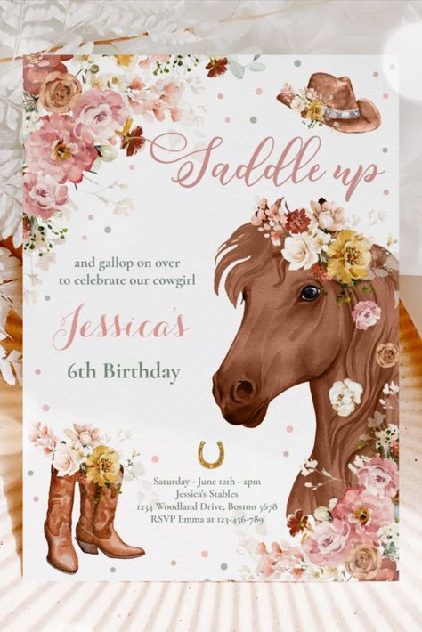 Wildflower Rustic Horse Cowgirl Birthday Party Invitation! #horsegirl #cowgirl #birthday #happybirthday #birthdaycards #birthdayparty #6thbirthday #wildflower Cowgirl Birthday Party Invitations, Cowgirl Birthday Party, Cowgirl Birthday, Birthday Invitations Kids, Horse Girl, Birthday Party Invitation, Birthday Party Invitations, Invitation Zazzle, Kids Birthday