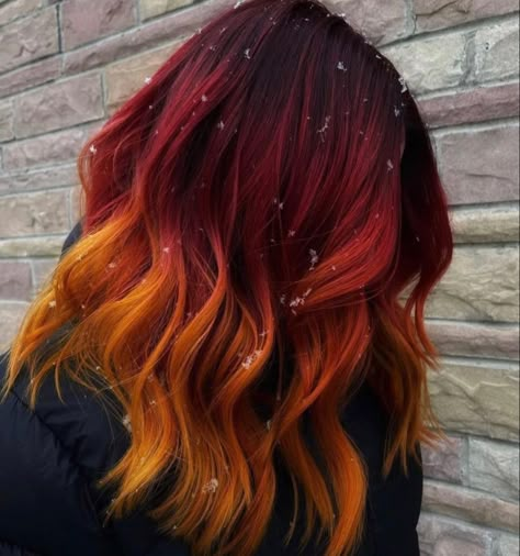 Red Orange Yellow Hair, Orange Yellow Hair, Pretty Red Hair, Shoulder Length Layered Hair, Shoulder Length Hairstyles, Sunset Hair, Hair Change, Colorful Hairstyles, Arctic Fox Hair Color