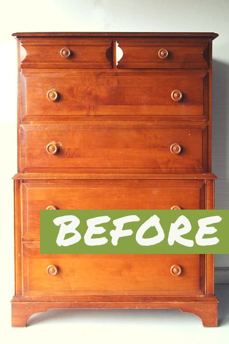 Check out this dramatic before and after dresser makeover with furniture paint and adding feet to a dresser. Plus get more furniture makeover ideas for your thrift finds here! Adding Feet To Dresser, Green Painted Dresser, Dresser Green, Wood Dressers Makeover, Orange Dresser, Paint A Dresser, Dresser Flips, Dresser Nightstand, Boy Dresser