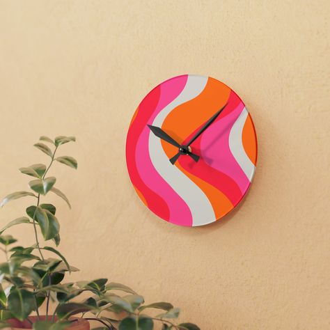 Our groovy 60's hippie swirl acrylic wall clock not only tells time, but it dresses up your wall and transforms your space into a groovy oasis of retro vibes and funky flair! The fun mod retro color palette of pinks and orange brings a pop of color to your wall. Say goodbye to boring old wall clocks, cuz tick-tock, it's funk o'clock! Our modern take on the classic wall clock, where the acrylic material allows the richness and vibrancy of our designs to shine! True to our style, these clocks are Diy Groovy Home Decor, Funky Wall Clocks, Wall Clock Classic, Acrylic Wall Clock, Retro Color Palette, 60s Hippie, Clock Painting, Spatial Design, Maximalist Decor