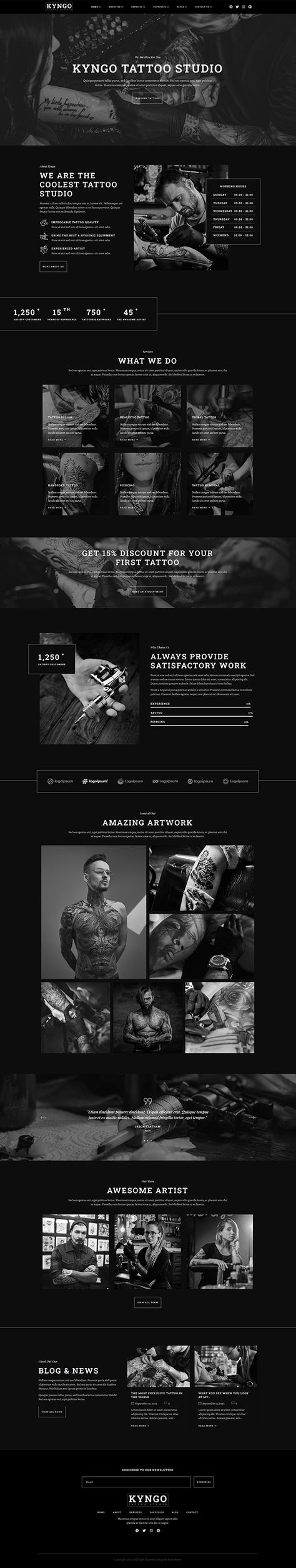 Kyngo - Tattoo Studio Elementor Template Kit by Rometheme | ThemeForest Dark Theme Portfolio Website Design, Tattoo Artist Website Design, Tattoo Website Design Inspiration, Tattoo Shop Website, Tattoo Social Media Design, Tattoo Artist Website, Tattoo Website Design, Tattoo Artist Portfolio, Tattoo Branding