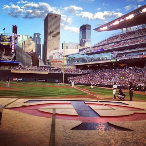 Great skyline view at Target Field Twins Game, Major League Baseball Stadiums, Target Field, Minnesota Twins Baseball, Mlb Stadiums, Twins Baseball, Baseball Park, Sports Stadium, Baseball Stadium