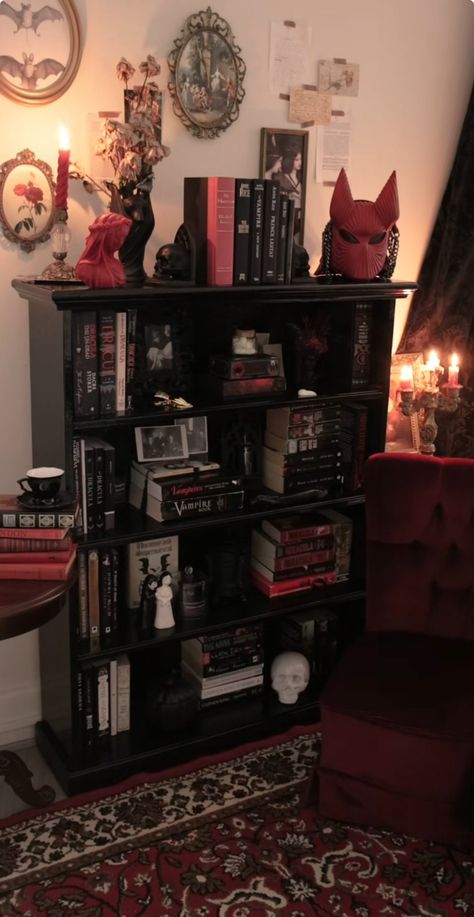 Black Bookcase Aesthetic, Goth Bookshelf Aesthetic, Emo Bookshelf, Gothic Academia Room, Goth Shelf Decor, Goth Bookcase, Gothic Bookshelf Decor, Gothic Bookshelf Aesthetic, Gothic Room Inspiration