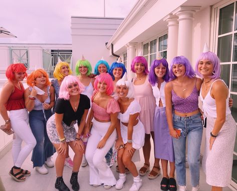 rainbow wig party idea Wigs Birthday Party, Bachelorette Wig Party Outfit, Color Wig Theme Bachelorette Party, Get Wiggy With It Party, Color Theme Bachelorette Party Wigs, Wigs Party Theme, Wig Party Theme Birthday Decorations, Bach Party Wigs, Rainbow Themed Bachelorette Party