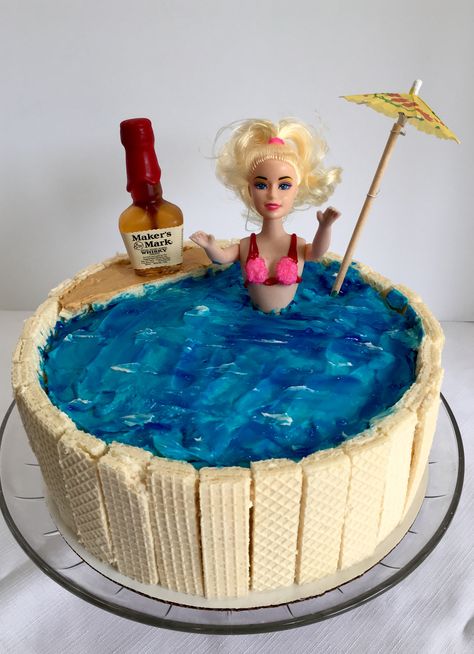 Barbie at the pool cake Barbie Swimming Pool Cake, Barbie Pool Party Cake, Barbie Pool Cake, Pool Cakes, Pink Birthday Cake Ideas, Pool Birthday Cakes, Barbie Themed Cake, Swimming Pool Cake, Pool Party Snacks