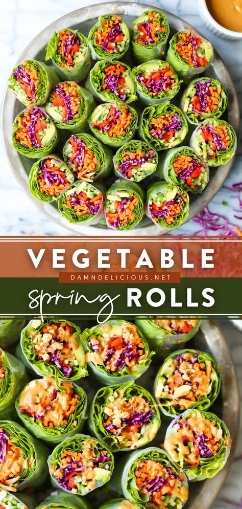 Use up lingering vegetables for this healthy recipe! Served with a creamy peanut sauce, you'll be wanting these fresh spring rolls for days. Save this easy summer recipe for a family-friendly dinner! Spring Rolls With Peanut Sauce, Vegetable Spring Rolls, Summer Recipes Dinner, Summer Recipe, Easy Summer Meals, Summer Snacks, Health Dinner Recipes, Peanut Sauce, Spring Recipes