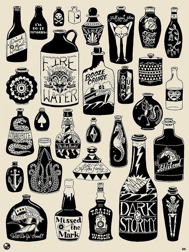 "Drunk Again" | “Drunk Again” New 18”x24” screen print by me… | Flickr New Traditional Tattoo, Public Enemies, Catering Logo, Baba Jaga, Bottle Tattoo, Alcohol Bottles, White Illustration, 문신 디자인, School Tattoo