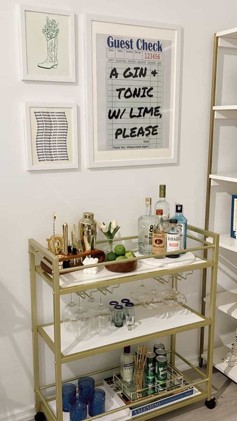 15 Brilliant Small Apartment Ideas: Transform Your Space with Clever Design Solutions Bar Cart Wall Decor Ideas, Mod Apartment Decor, Bar Cart Nonalcoholic, Apartment Living Room Ideas College, Simple College Apartment Decor, Student Kitchen Ideas, Post College Apartment, Living Room Designs Small Spaces Apartment Inspiration, Student Apartment Ideas