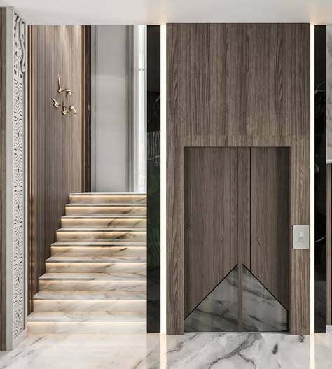 Lift Lobby Design Residential, Lift Wall Cladding Design, Lobby Design Residential, Peranakan Interior, Modern Stairs Design, Elevator Lobby Design, Wall Cladding Designs, Modern Staircases, Elevator Interior