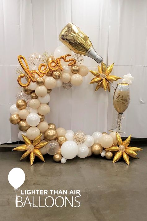 New Years Balloon Arch, Round Balloon Garland, Champagne Party Ideas Decorations, New Year Balloon Garland, New Years Eve Balloon Decor, New Year Balloon Decor, Nye Balloon Arch, Champagne Balloon Arch, New Years Eve Balloon Garland