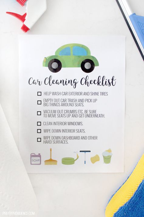 Car cleaning checklist - this is a great way to teach your kids how to clean a car! Clean A Car, Bored Ideas, Car Checklist, Car Cleaning Supplies, How To Clean Headlights, Cleaning Quotes, Cleaning Supplies Organization, Clean Car, Trash Can For Car