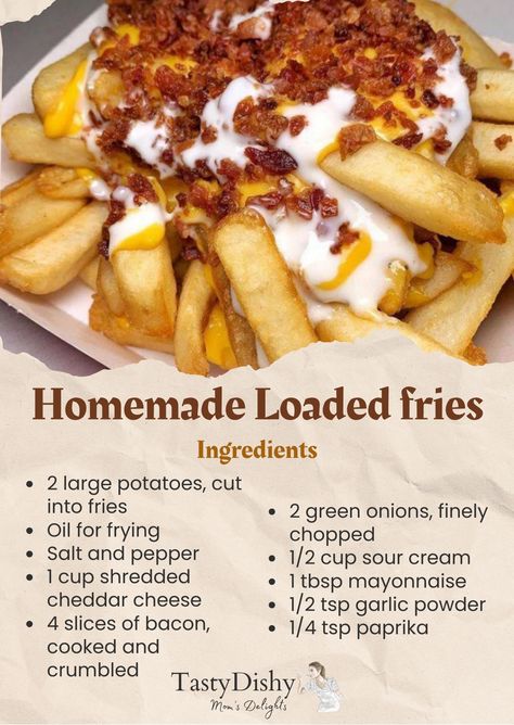 Loaded fries are an easy and... - Mom's Flavorful Bites Burger And Fries Recipes, Cheesy Bacon Fries, Bacon Cheese Fries Recipe, Good Lunch Ideas For Home, Food Recipes For Lunch Easy, How To Make Cheese Fries, Loaded Cheese Fries Recipe, How To Make Loaded Fries, Easy Fries Recipe