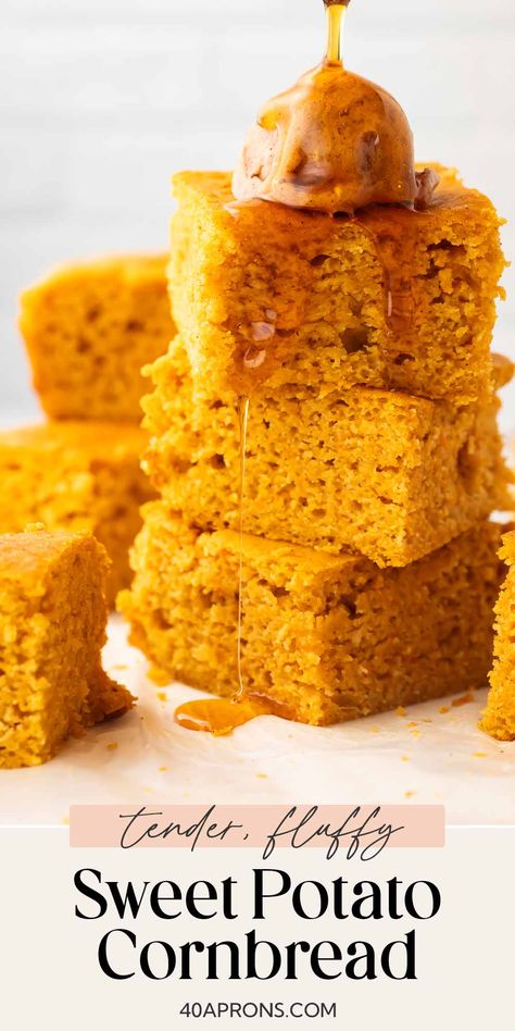 This take on classic Southern cornbread is begging to be part of your holiday table! Sweet potato cornbread combines cozy autumn flavors with the melt-in-your-mouth texture of homemade cornbread for a deliciously rich side dish to accompany a hearty chili, creamy soup, or juicy roast turkey. Served with a fluffy whipped cinnamon-honey butter you'll want to slather on everything! Sweet Potato Butter Recipe, Sweet Potato Cornbread, Honey Butter Recipe, Breakfast Cocktails, Cinnamon Honey Butter, Honey Cornbread, Sweet Potato Bread, Southern Cornbread, Hearty Chili