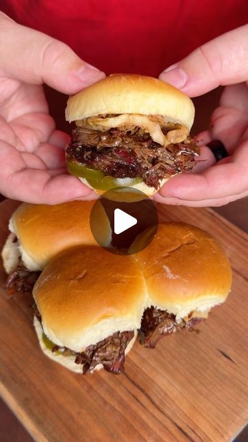 Brian Gerwig on Instagram: "Shredded Beef Sliders, these were so good! Recipe

* Slice a chuck roast into large cubes, seasoning with your favorite bbq rub
* Place them on the smoker at 275° for about 2 hours to get a really good bark
* I use @bearmountainbbq Cherry Wood chunks for extra smoke
* Once the bark is set, add them to a dutch oven with a bottle of your favorite soda and about 1/2 a bottle of your favorite bbq sauce
* Let them braise till they’re fall apart tender (about 2 hours), and then shred the beef
* Using @kingshawaiian Original Hawaiian Sweet Slider Buns, toast them in the oven for 5-10 minutes and then to the bottom rolls add, pickled jalapeños, shredded beef and crispy onions. Place the top buns on top and enjoy!" Shredded Beef Sliders, On The Smoker, Beef Sliders, Good Recipe, Kings Hawaiian, Top Bun, Slider Buns, Pickling Jalapenos, Crispy Onions