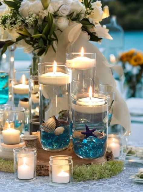 Floating Candles Beach Wedding Candle Centerpieces, Candle Water Centerpiece, Beach Themed Wedding Centerpieces, Beach Theme Centerpieces, Beachy Candles, Beach Themed Wedding, Reception Layout, Table Centerpieces Diy, Floating Candle Centerpieces