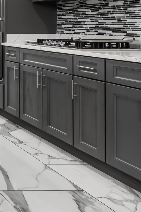 Gray Kitchen Cabinet Handles Ideas, Gunmetal Hardware Kitchen, Kitchen Cabinet Color Gray, Charcoal Gray Kitchen Cabinets Modern, Grey Cubbords, Black Cabinets With Silver Hardware, Graphite Kitchen Cabinets, Kitchen Cabinets With Silver Hardware, Slate Grey Kitchen Cabinets