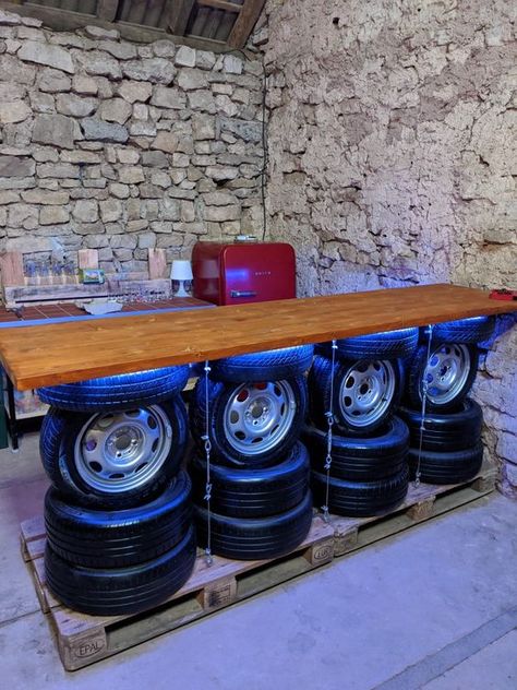 Tire Shop Decor Ideas, Auto Shop Ideas, Mechanic Shop Decor, Tire Furniture, Car Parts Decor, Garage Design Interior, Tire Shop, Car Bar, Garage Furniture