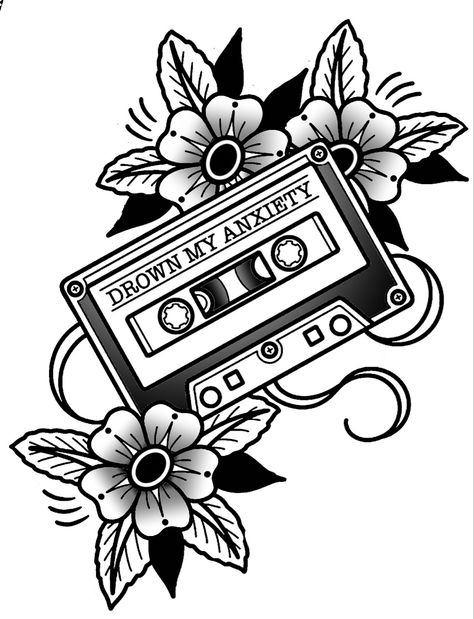 Traditional Cassette Tattoo, Black And White American Traditional Sleeve, Flash Tattoo Old School Ideas, Traditional Microphone Tattoo, Black And White American Traditional Tattoo, Music Flash Tattoo, American Traditional Tattoo Design Old School, Traditional Music Tattoo, Metal Music Tattoo